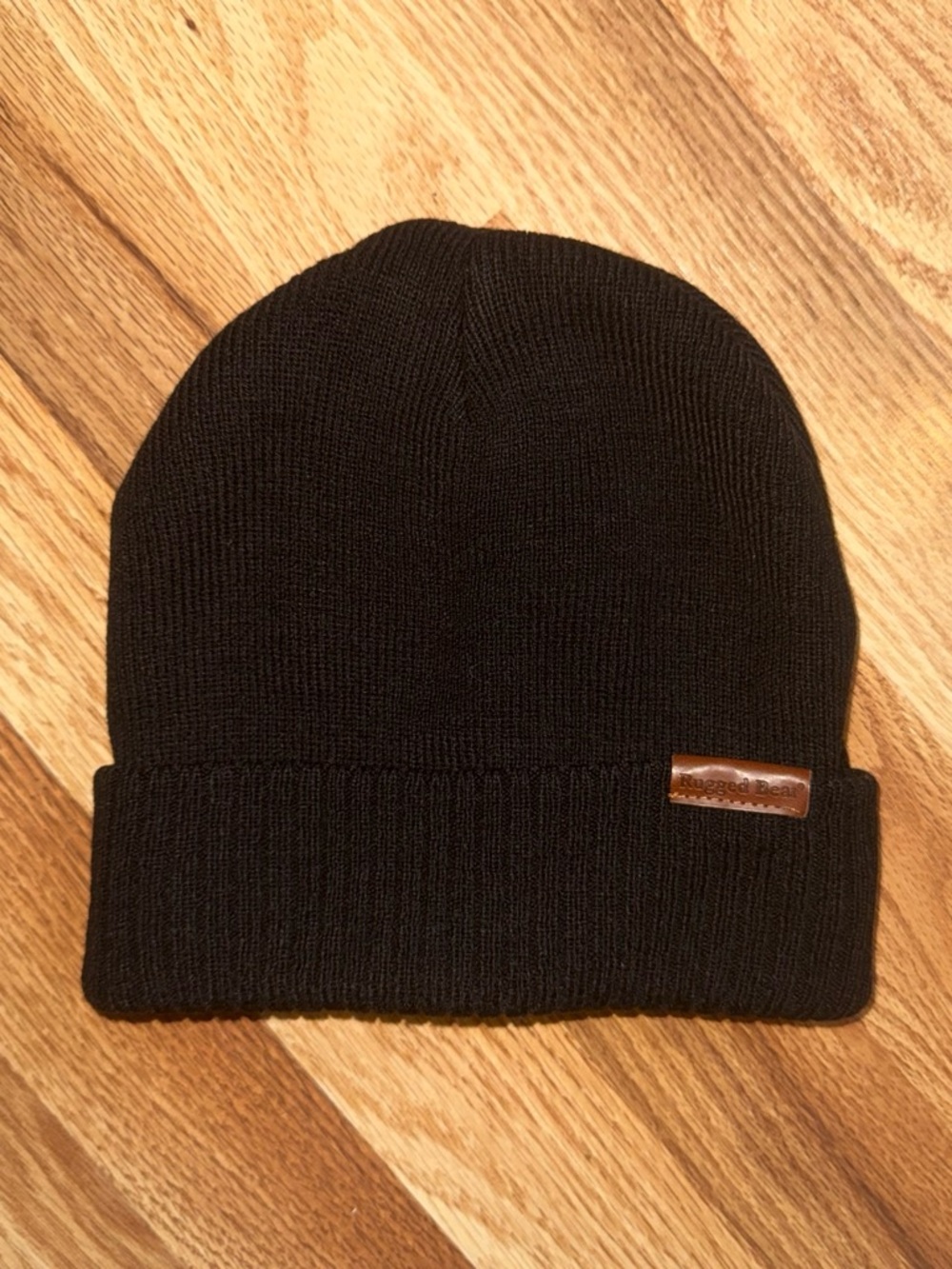 Rugged Bear Black Knit Beanie – Brown Leather Logo